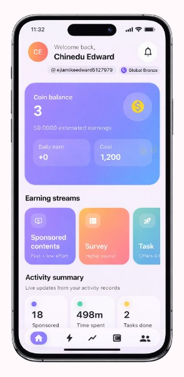 Earnely home screen showing the profile button that starts account deletion